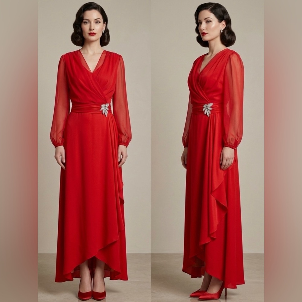 VTG 70s Sylvia Ann Red Satin Chiffon Floating Cape Gown Ruched Sash Union 6 8